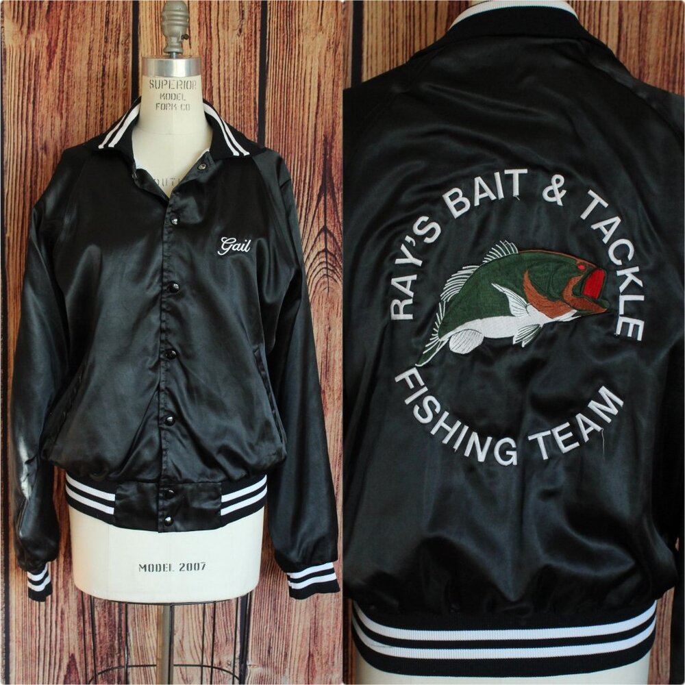 Vintage 1970s 1980s Men's Jacket, Black Satin Rennoe Vineland NJ Fishing Team